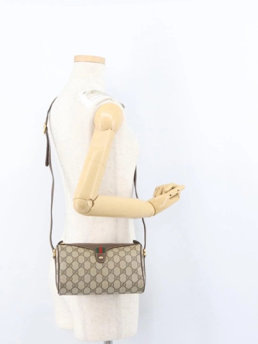 GUCCI GG Supreme Web Sherry Line Bag PVC Beige Gold 89 02 018 Auth ep13467